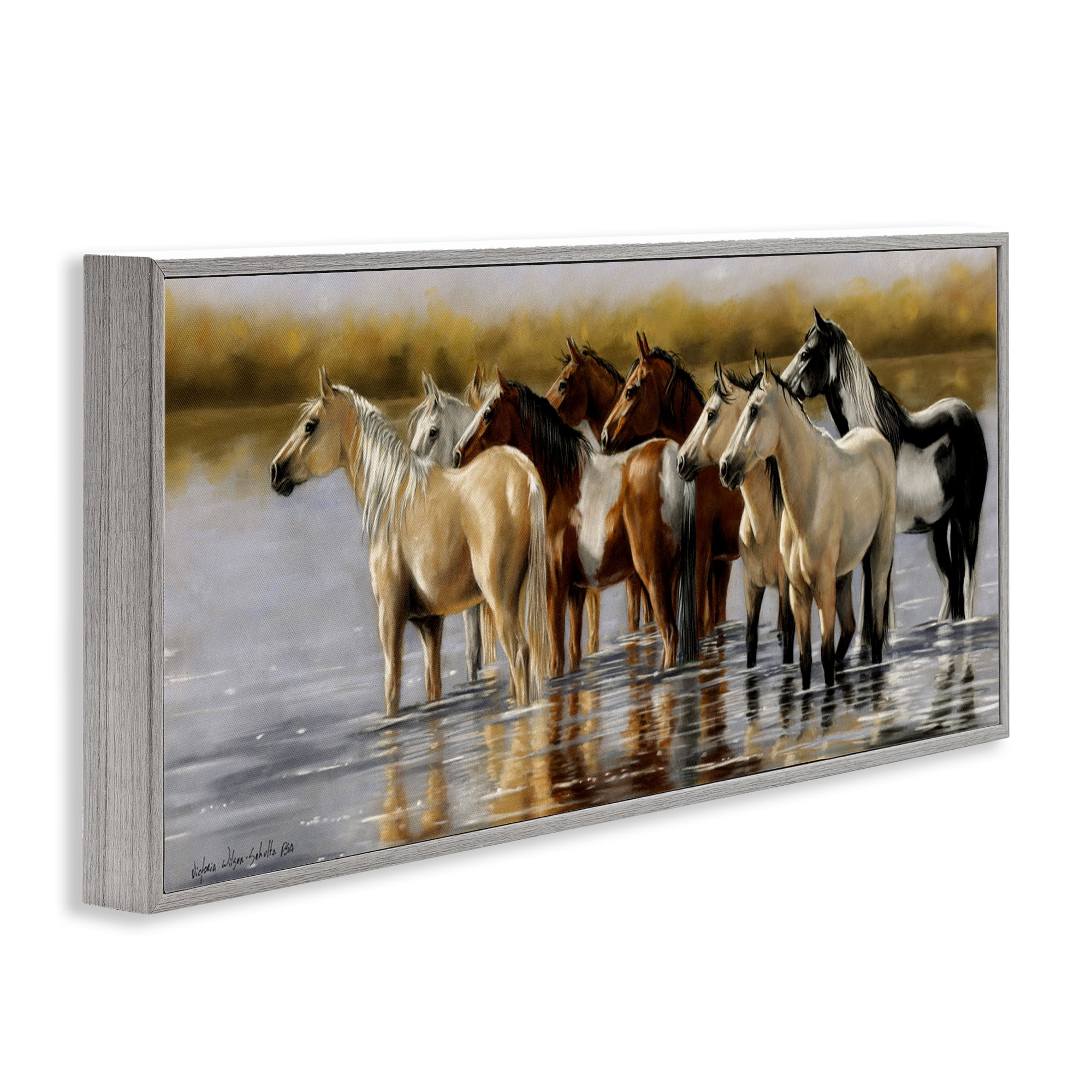 Stupell Industries Horse Herd Splashing Animals & Insects Painting Gray Framed Art Print Wall Art, 24 x 10
