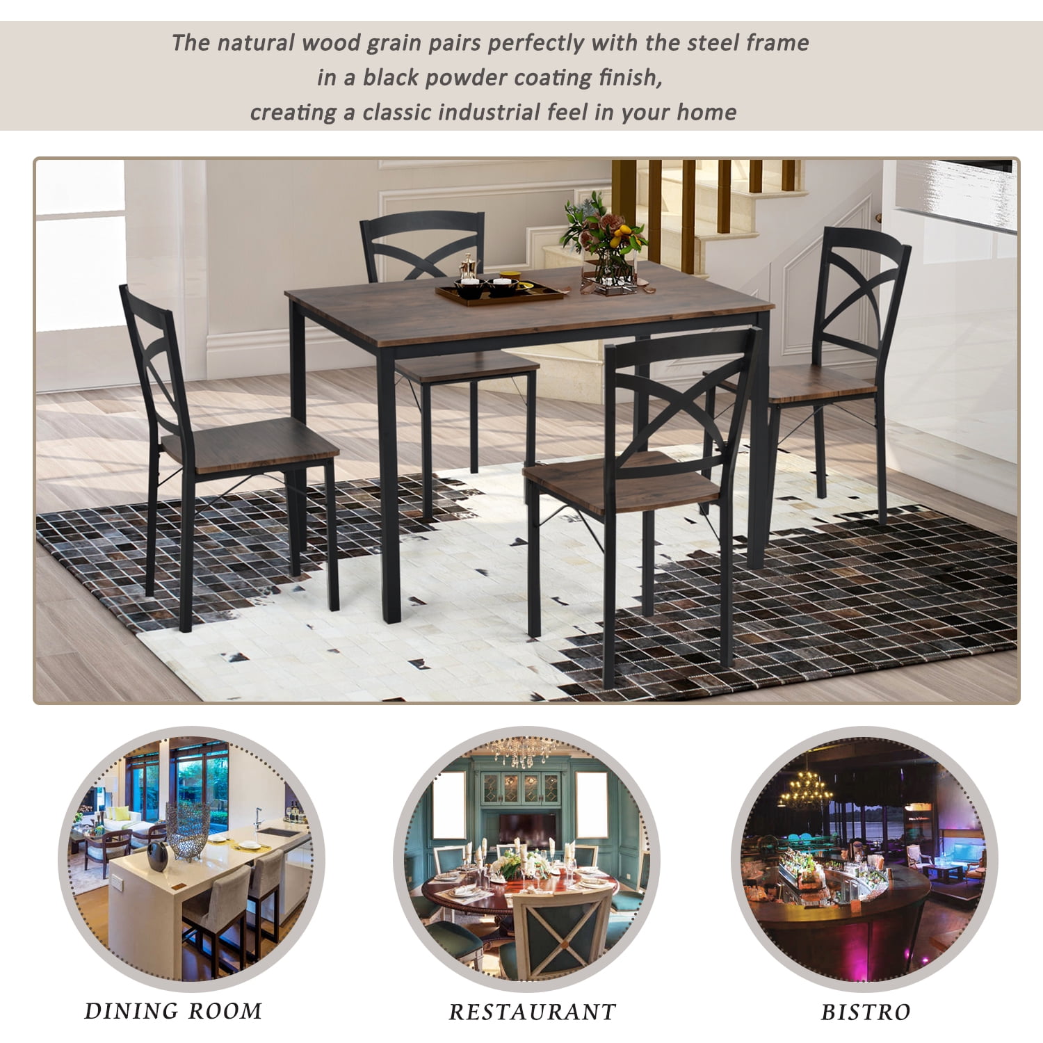 Resenkos Industrial Style 5 Piece Dining Table Set for Dining Room & Kitchen, 1 Table & 4 Chairs, Brown