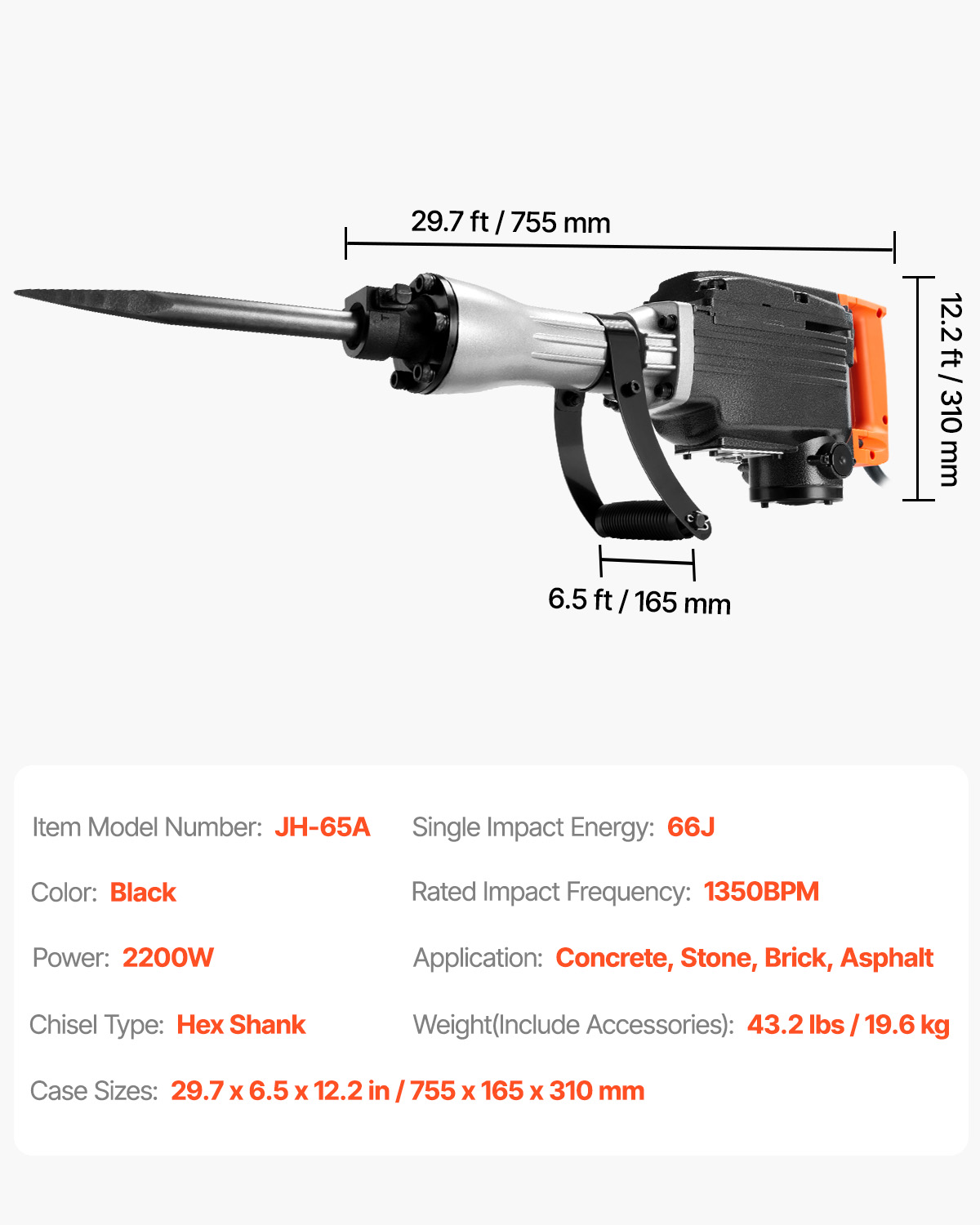 VEVOR Demolition Jack Hammer, 2200W Electric Jackhammer Heavy Duty, 1350 BPM Concrete Breaker, 2pcs Chisels Bit Chipping with Case, Black