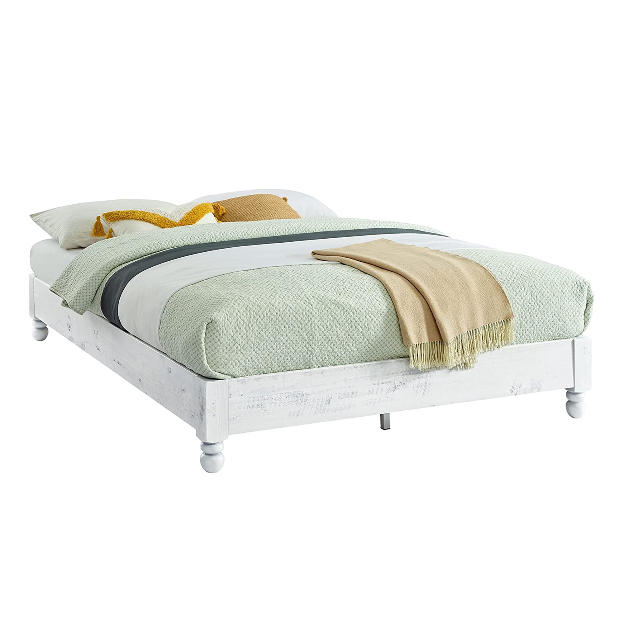 MUSEHOMEINC 12 Inch Solid Wood Frame Platform Bed with Large Apron, Rustic Style, White Washed Finish, Full