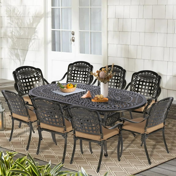 9-Piece Patio Cast Aluminum Dining Set, 8 Person Outdoor Dining Furniture Set, includes 84" Oval Table and 8 Cushioned Chairs with Umbrella Hole for Patio Deck Garden, Tan