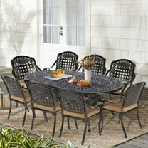 9-Piece Patio Cast Aluminum Dining Set, 8 Person Outdoor Dining Furniture Set, includes 84" Oval Table and 8 Cushioned Chairs with Umbrella Hole for Patio Deck Garden, Tan