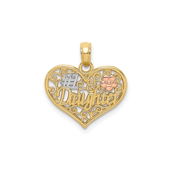 10k Two-Tone Gold #1 Daughter Heart Pendant Charm with Rose Gold Flower