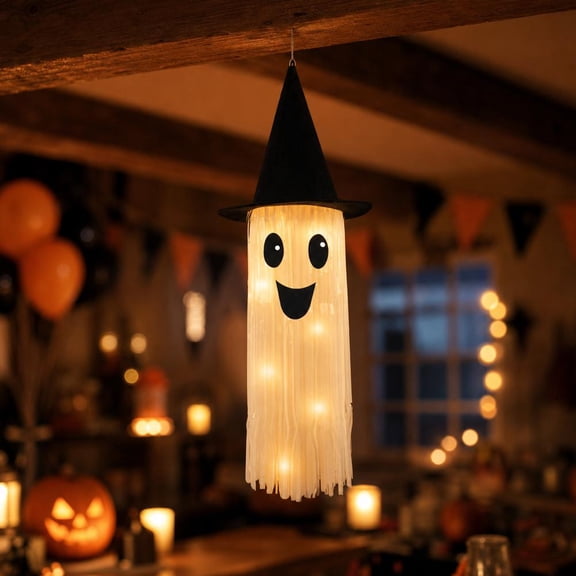 1 Pack 31.5 Inch Halloween Ghost Light Up Hanging Decor Cute Flying Decor, Spooky Cute Ghost with LED Lights