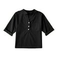 thumbnail image 2 of CQONEPT Girls Linen Tshirts Loose Fit Button Down Cotton Blouses Teen Lightweight Summer Tee Tops with Pockets Black 130, 2 of 5