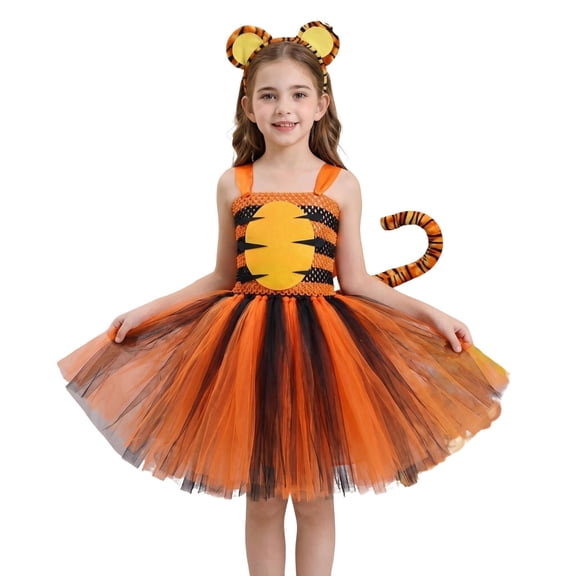 Hienoo Girls Tiger Dress Up Outfits Sleeveless Tutu Dress with Tail Headband, Sizes 2-12