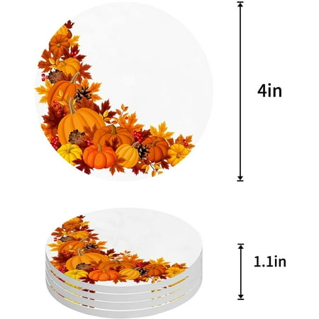 

KXMDXA Autumn Harvest Pumpkins Maple Leaves White Set of 4 Round Coaster for Drinks Absorbent Ceramic Stone Coasters Cup Mat with Cork Base for Home Kitchen Room Coffee Table Bar Decor