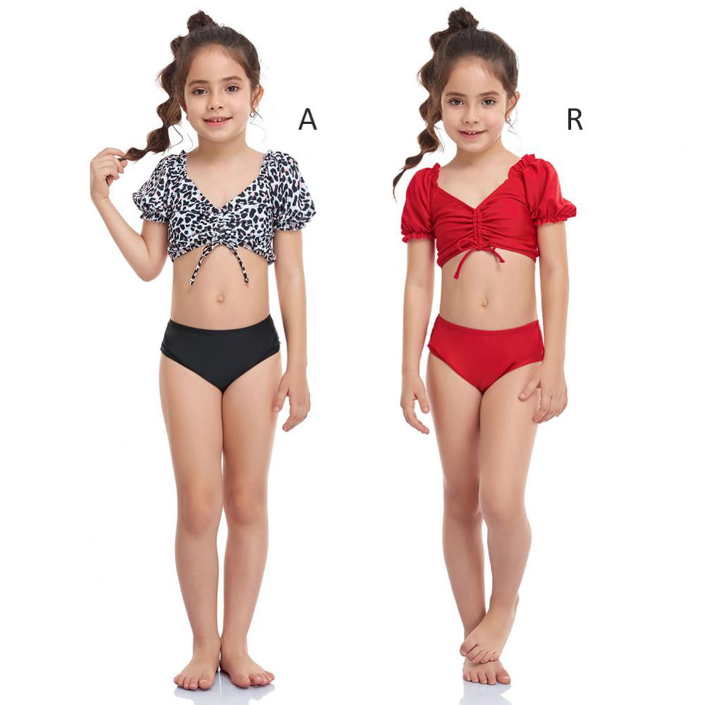 Xinhuaya 6-14T Teen Girls Leopard Swimsuits Two-Pieces Bathing Suits Short  Sleeve Ruched Crop Top And Bikini Bottoms Quick Dry Swimwear Kids Sunsuit