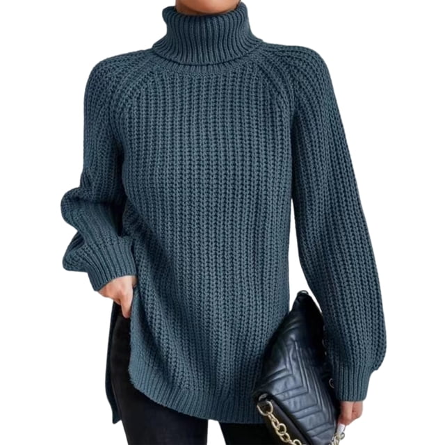 Innerwin Chandails à Col Roulé pour Femmes Chandail de Travail Manches Longues Ample Tricoté Gris Bleu G