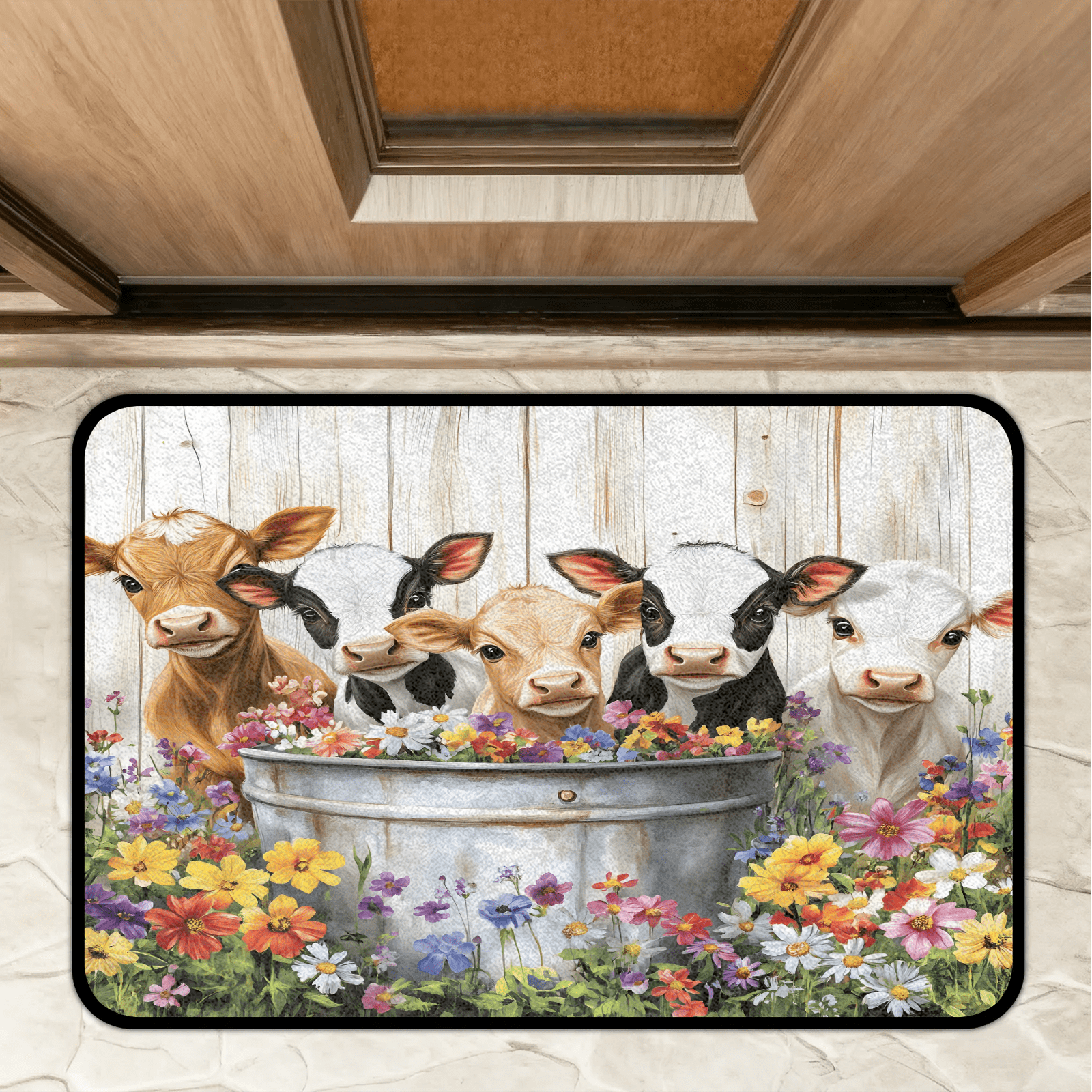 CURLYOOT Highland Cow Front Door Mat, Washable Non-Slip Farmhouse Floral Door Mat, Indoor Outdoor Floor Mats Absorbent Welcome Doormat for Entrance 20" x 30"