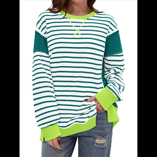 Sudadera Informal de Larga con Cuello Redondo y Rayas de Color Block para Mujer. Verde XXL