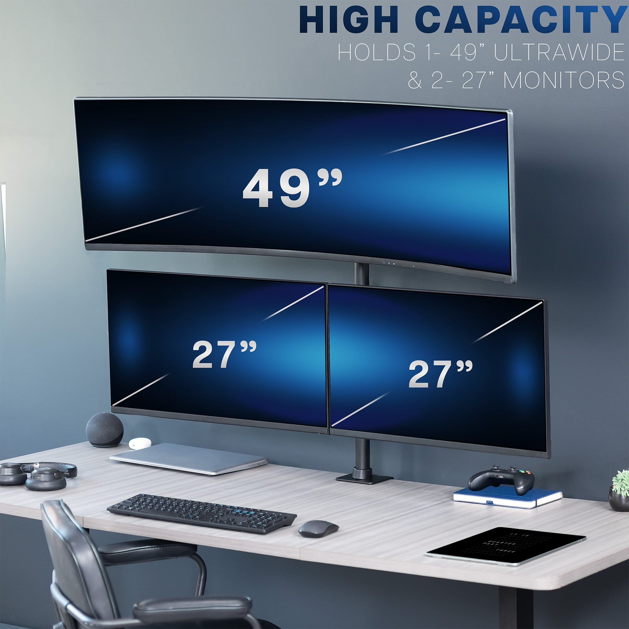 VIVO Triple Computer Monitor Desk Mount, 1 Ultrawide to 49", 2 Standard to 27"