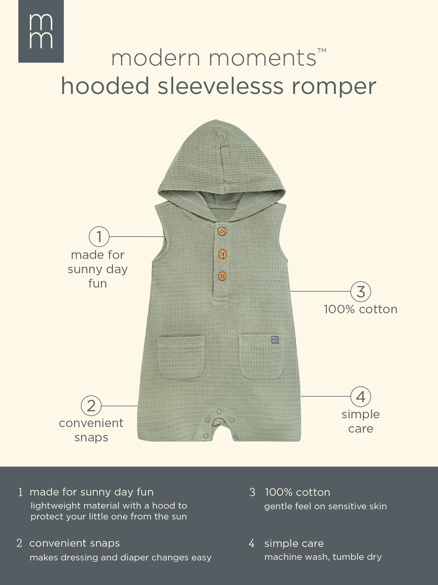 Modern Moments by Gerber Baby Boy Cotton Hooded Sleeveless Romper, Sizes 0/3 Months - 24 Months