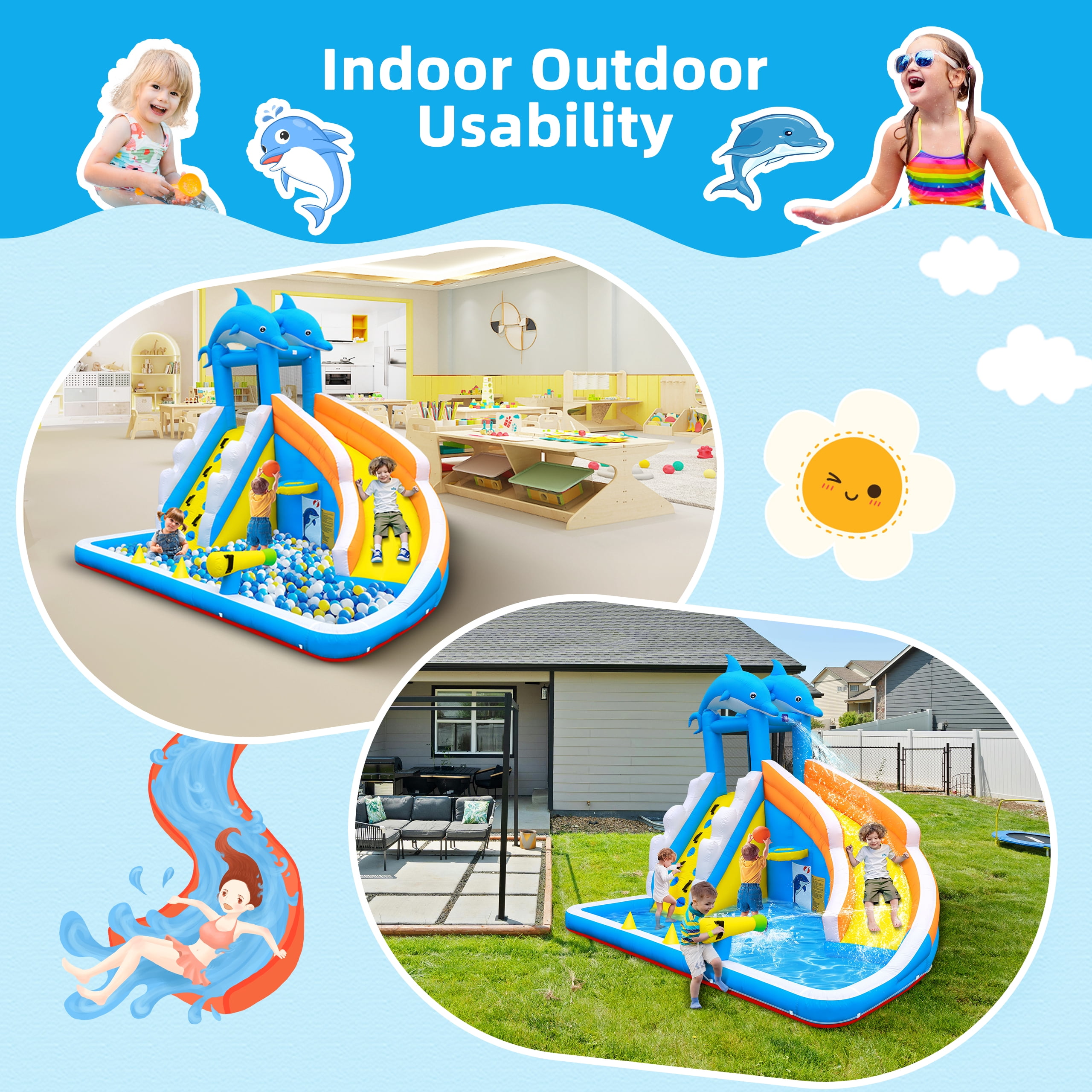 Inflatable Water Slide,5 in 1 Dolphin Inflatable Bounce House for Kids- Climbing Wall Splash Pool Water Cannon Basketball Rim - 480W Blower - for Indoor Outdoor Backyard Birthday Party