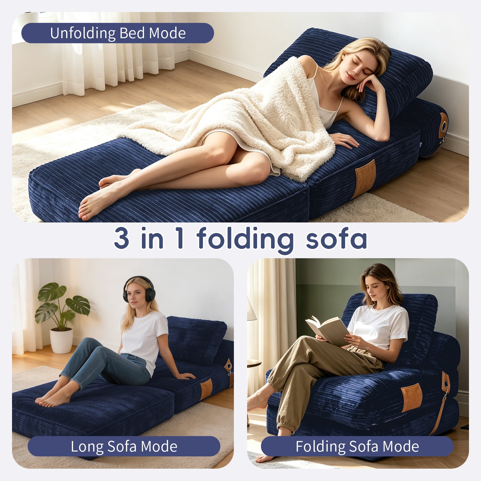 Leumius Folding Sofa Bed,Convertible Chair Bed with Pillow and Back Support,Portable Fold Out Couch Floor Sofa for Living Room Bedroom,Blue