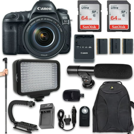 Canon EOS 5D Mark IV DSLR Camera with Canon EF 24-105mm f/4L IS II USM Lens + 120 LED VIDEO LIGHT + Large Monopod + 128GB Memory + Shotgun Microphone + Camera & Flash Grip Handle