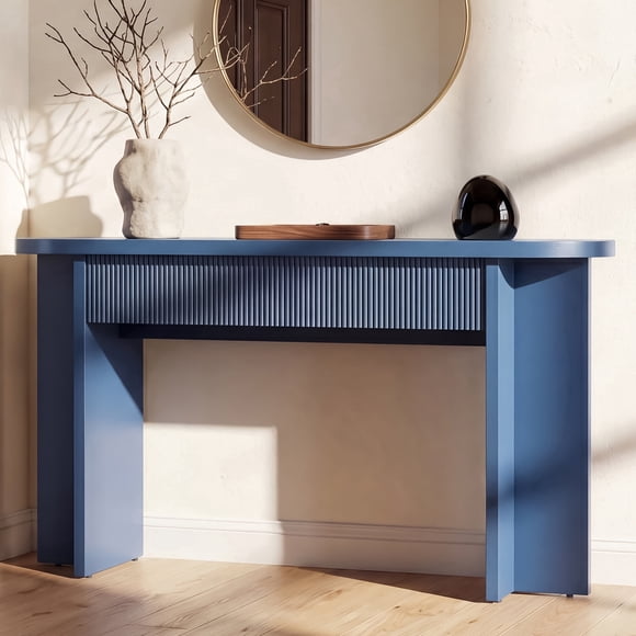 OMCMUU Table Console de 55 Pouces avec 2 Tiroirs, Table d'Entrée Cannelée avec Rangement, Table de Sofa Robuste derrière le Canapé, Table de Couloir Mi-Siècle (Noir)