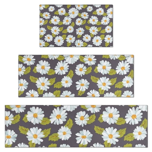 Darkgray Daisy Flower Green Leaves Pattern Kitchen Rugs Sets Of 3,Kitchen Runner Rugs Non Skid Washable,Decorative Kitchen Floor Mats for Kitchen,Sink,Laundry,17"x30" 17"x47" 17"x59"