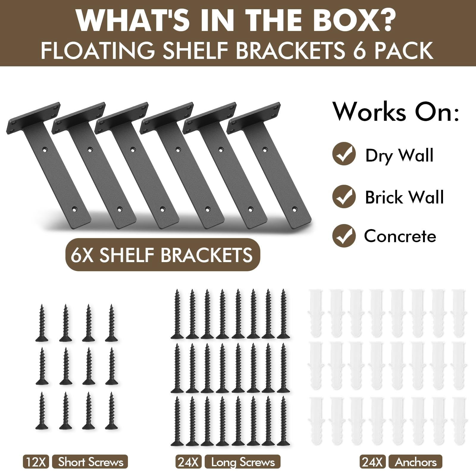 6 Pack Heavy Duty Shelf Brackets 6 inch, Floating Shelf Brackets(1/5”-Thick), L-Shaped Wall Shelf Bracket Hidden & Decorative Shelf Bracket Black