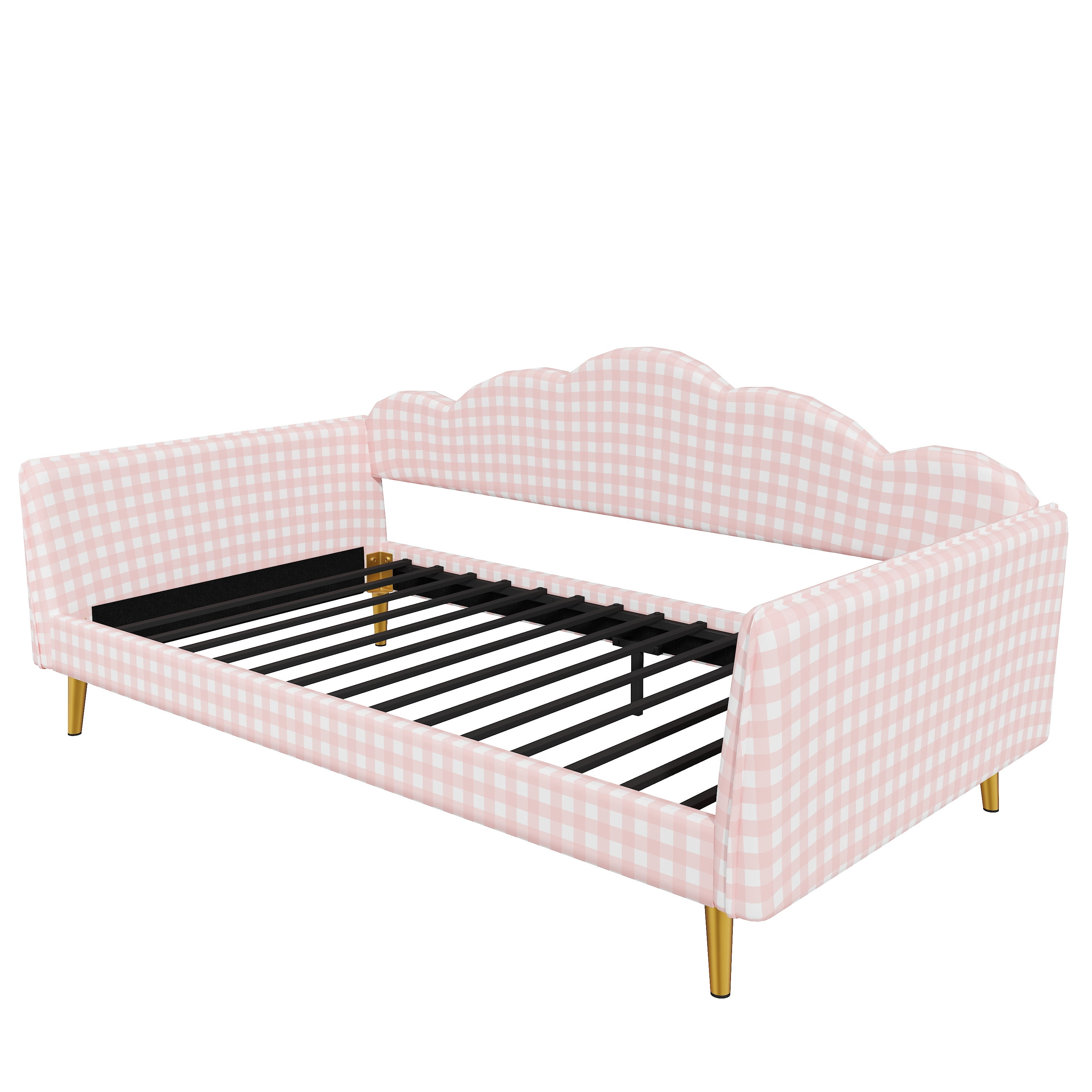 Euroco Upholstery Twin Size Daybed, Wood Sofa Platform Bed with Gingham Design and Metal Legs, No Box Spring Needed, Pink