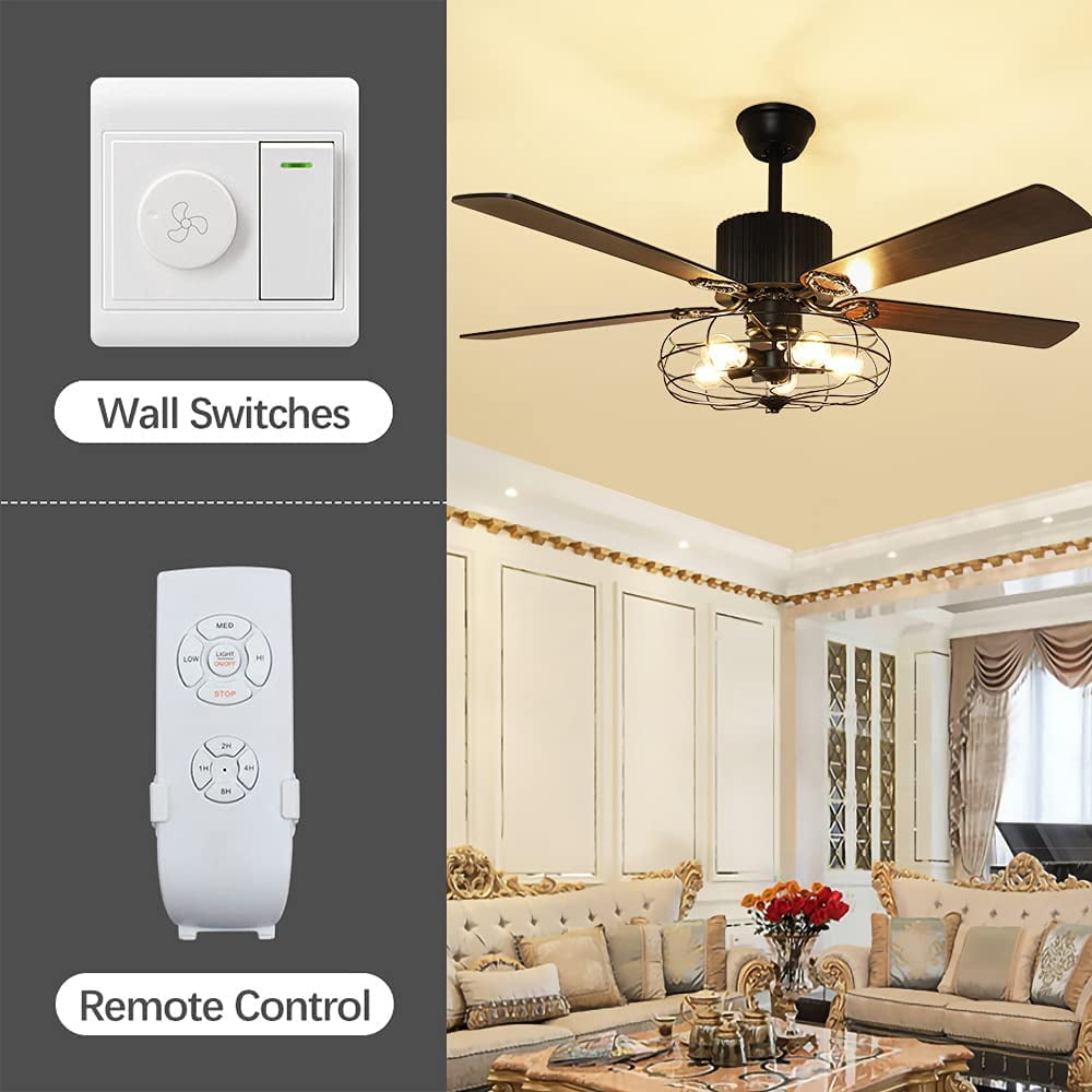 Depuley Remote 52'' Caged Industrial 5 Blades Ceiling Fan with Light, Reversible Plywood Blades with Remote for Living Bedroom, Timing, 5 E26 Bulbs Not Incl - 3