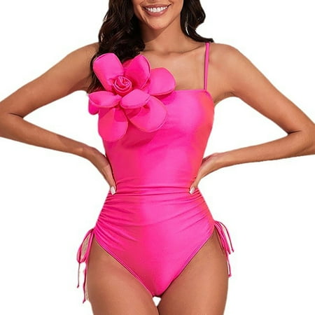 UTSJKR Women s One Piece Swimsuit 3D Flower Decoration Bathing Suit for Daily Wear Ruched Side Tied Swimsuits Hot Pink 4