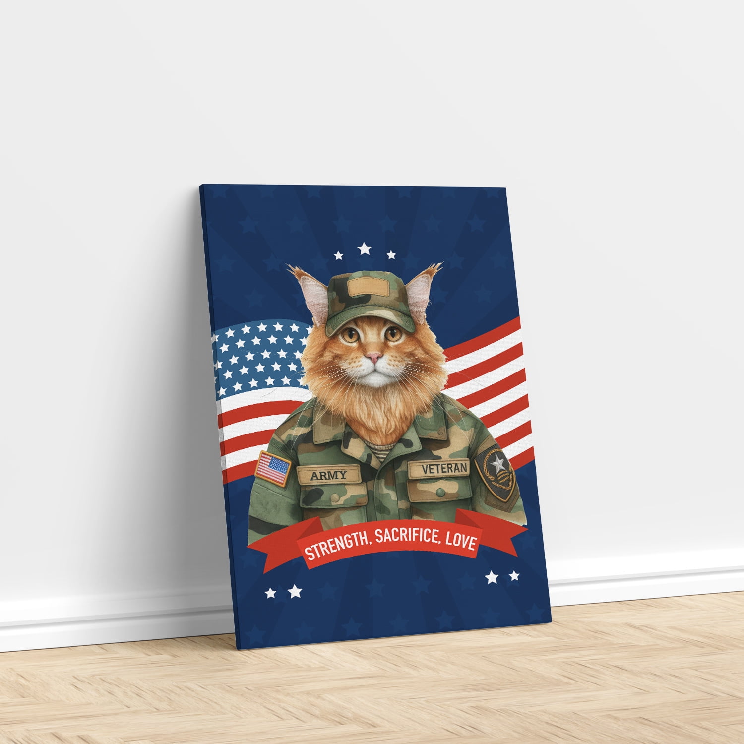 Happy Father's Day Honoring Veterans Maine Coon in Army Uniform Vertical Matte Canvas Poster Cat Lover Kitten Owner Gifts Wall Art Home Decor - 13007