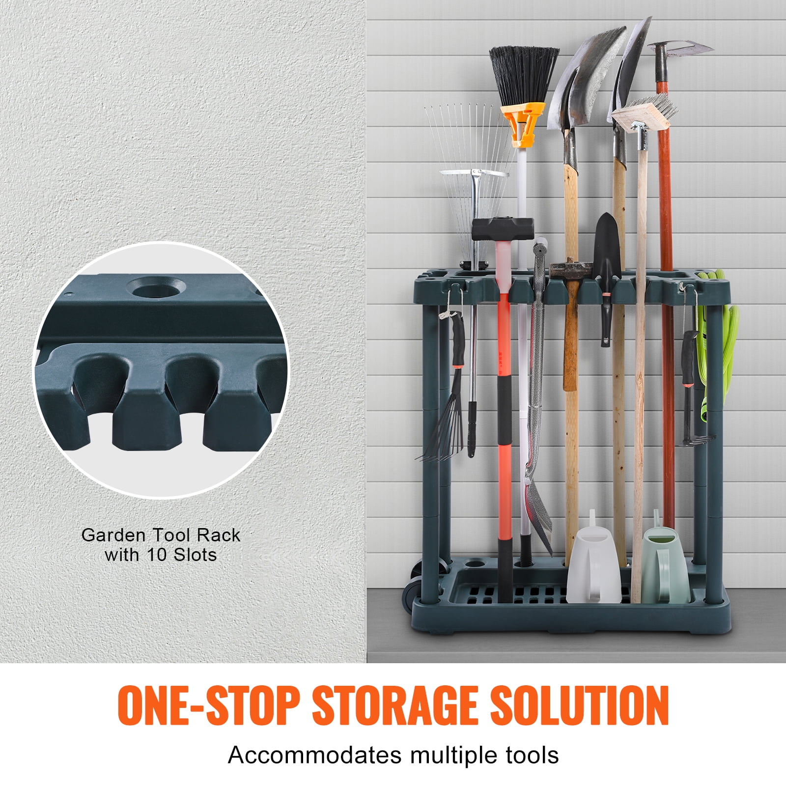 KFFKFF Garden Tool Organizer, 10-Slot Tool Rack for Garage Storage, Holds Long-Handled Tools like Rakes, Brooms, and Shovels, Durable PP Tool Stand for Yard, Shed, and Outdoor Use