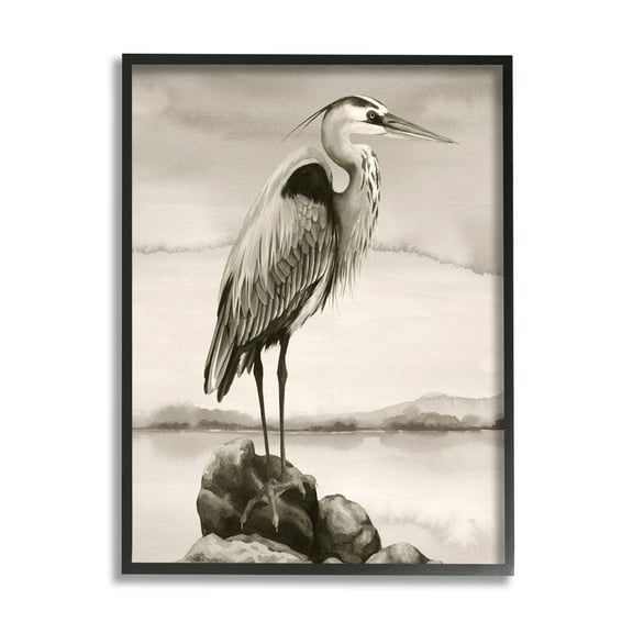 Stupell Industries Heron Perched at Sea Animals & Insects Painting Black Framed Art Print Wall Art, 11 x 14