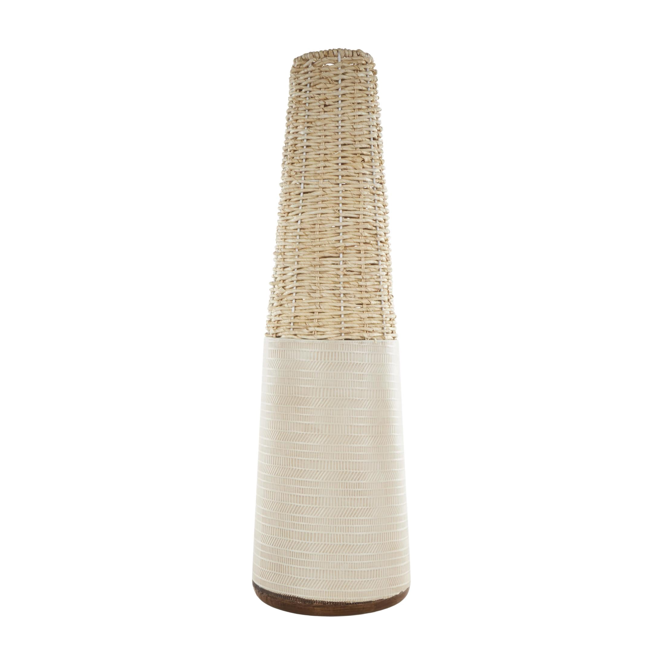 DecMode 26" Geometric Handmade Woven Light Brown Rattan Vase with Beige Metal Base