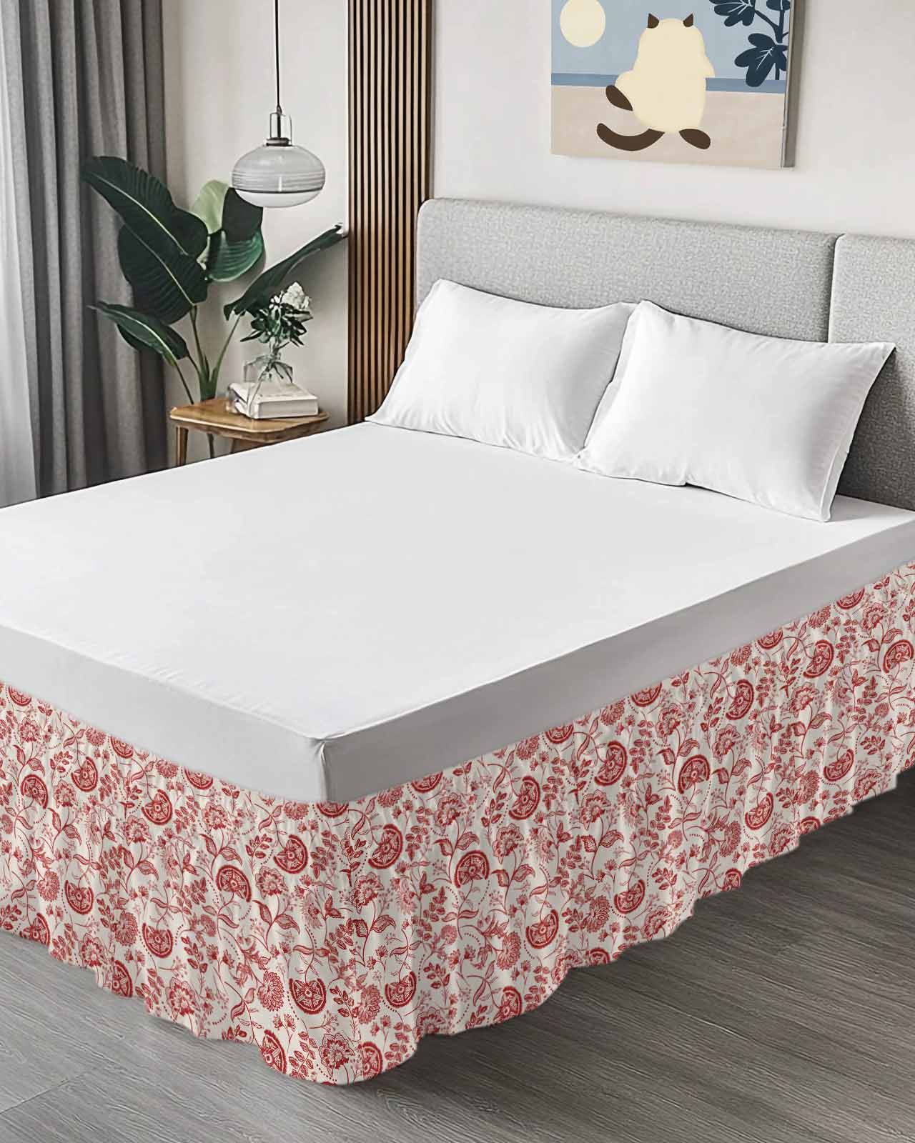 Farmhouse Red Floral Bed Skirt King Size 16 Inch Drop, Linen Boho Flower Rustic Country Adjustable Elastic Dust Ruffles Bedskirt for King Bed Wrap Around Pleated Mattress Frame Cover
