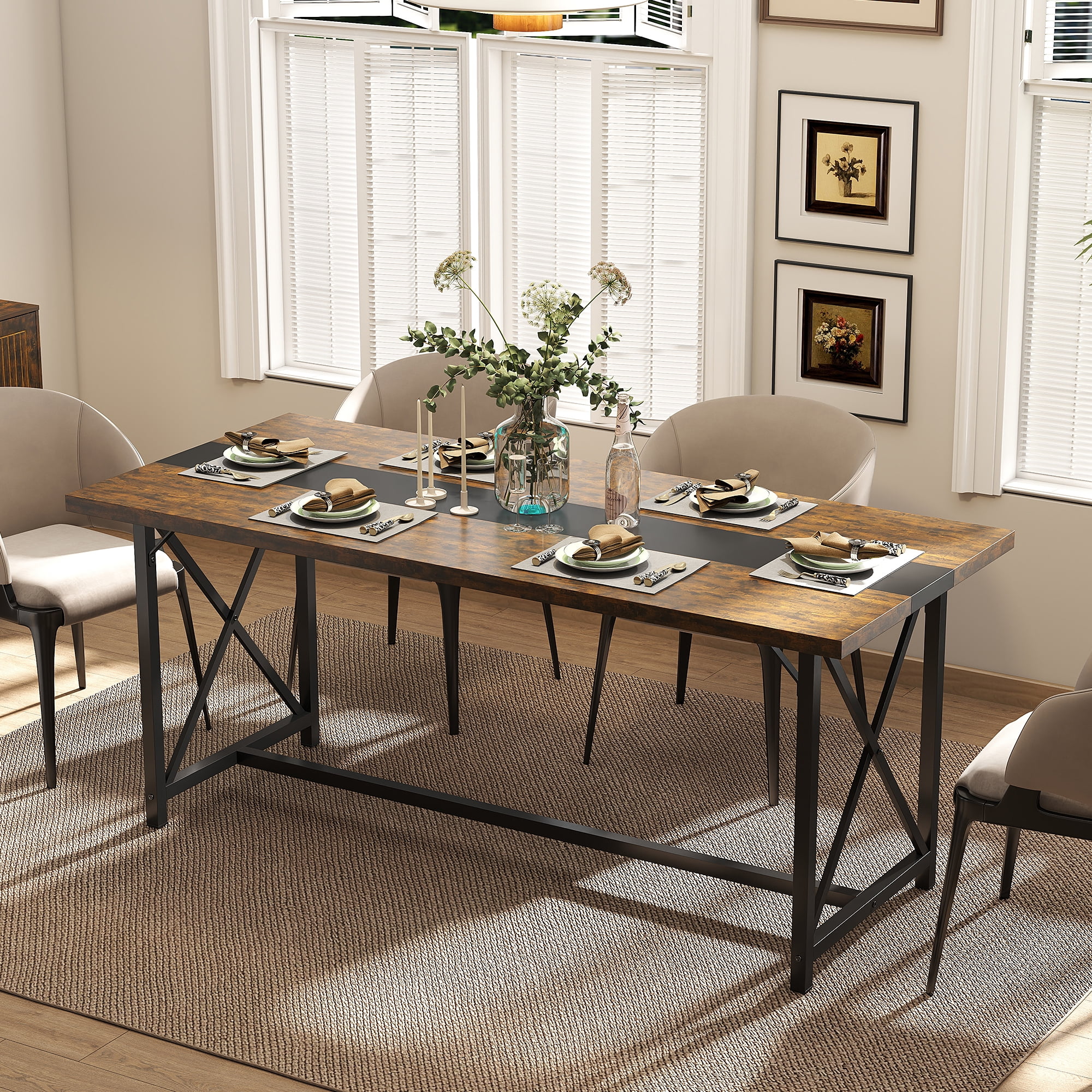 Manora Dining Table for 6-10 People, 70.9'' Modern Farmhouse Wooden Kitchen Table, Rectangle Dining Room Table, X-Shaped Legs (Rustic Brown)