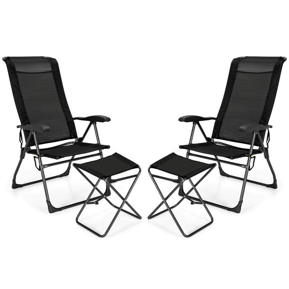 Patiojoy 4 PCS Outdoor Wicker Chaise Lounge Patio Lounge Chair Ottoman Set Camp Chairs w/7-Gear Adjustable Backrest Black