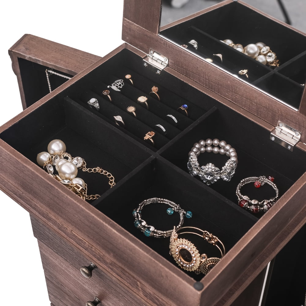 Lowestbest Standing Jewelry Armoire with Mirror, Jewelry Cabinet Chest with 5 Drawers & 8 Necklace Hooks