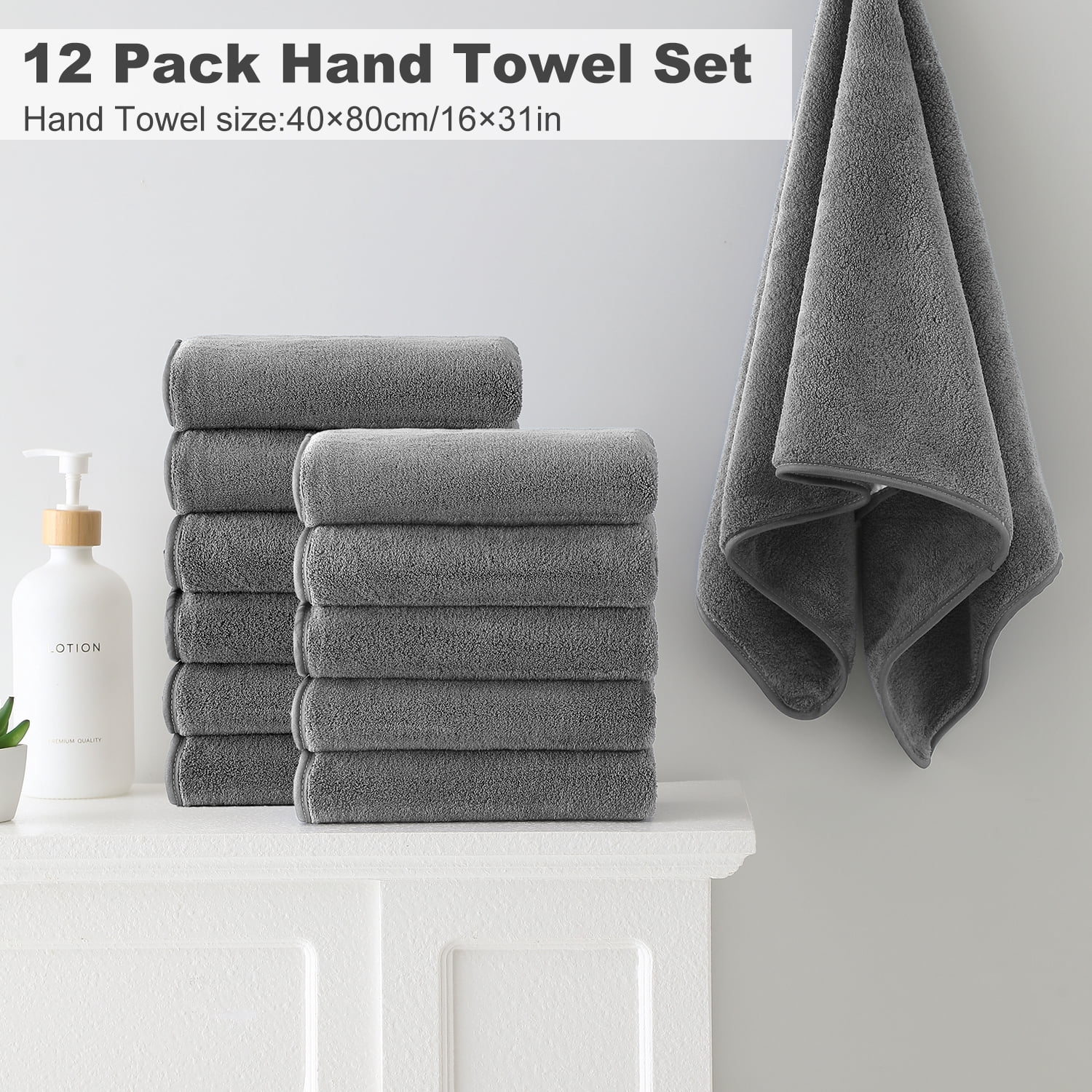 Jessy Home 12 Pack Dark Gray Hand Towel Set 16"x31" Soft Highly Absorbent Quick Dry Bathroom Bath Hand Towels Microfiber Plush Towels