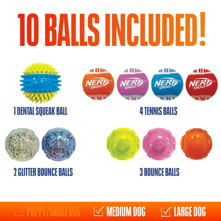 Nerf Dog Toy Ball Variety Pack for Medium & Large Dogs, 10 Pack