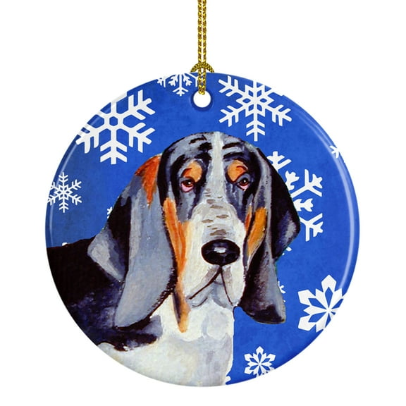 Carolines Treasures LH9282-CO1 Basset Hound Winter Snowflakes Holiday Ceramic Ornament 3 in multicolor