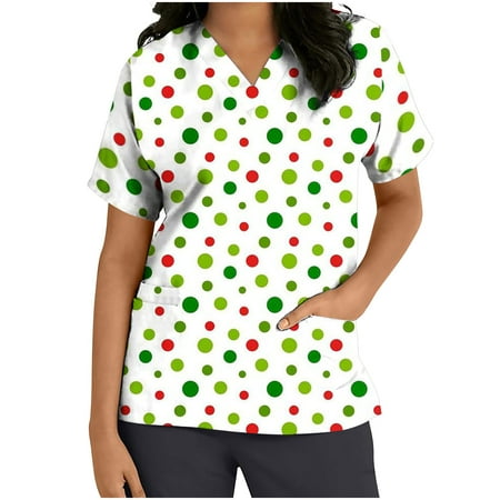 

XFLWAM Christmas Scrubs Tops for Women Plus Size Short Sleeve V Neck Snowflake Xmas Tree Santas Nursing Uniform Tshirts Scrub Tops Green XL