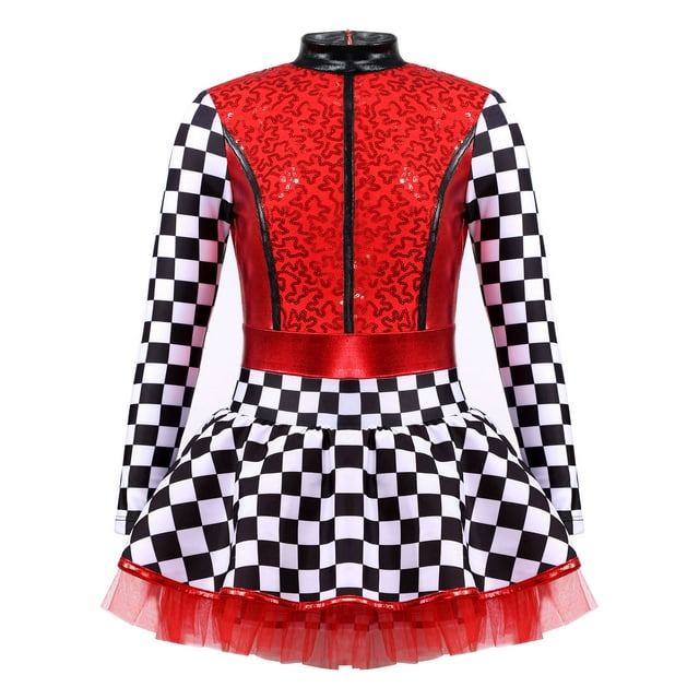 Jowowha Combinaison à Manches Longues Imprimée à Damier pour Filles, Déguisement de Voiture de Course, Cosplay, Halloween, Rouge 14