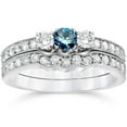 thumbnail image 1 of 3/4ct Round Blue Diamond 3-Stone Engagement Ring Wedding Set 10K White Gold, 1 of 2