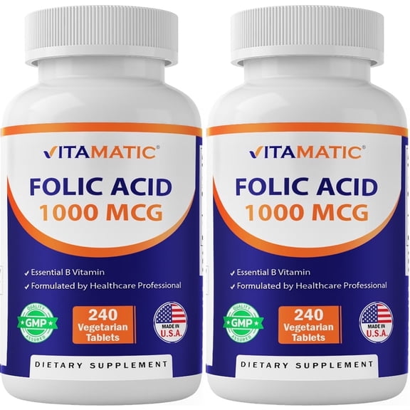 2 Pack - Vitamatic Folic Acid 1000 mcg (1 mg) - 240 Vegetarian Tablets - 1667 mcg DFE - Vitamin B9 (Total 480 Tablets)