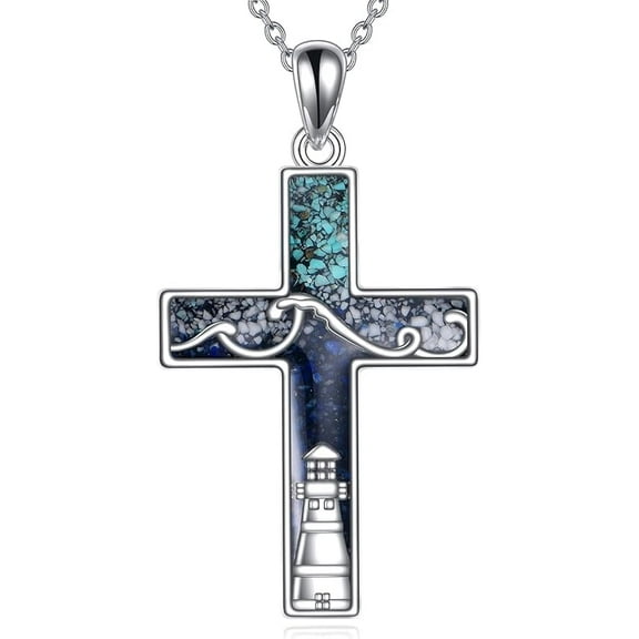 Cross Necklace Sterling Silver Mountain and Ocean Pendant Religious Jewelry Gifts for Women Men