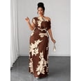 thumbnail image 3 of Coffee Brown Plus Size Green Floral Print One Shoulder Cinched Waist, 3 of 7