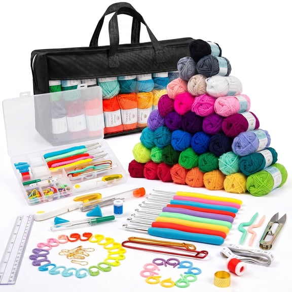 113 Piece Crochet Kit with Crochet Hooks Yarn Set, Premium Bundle Includes 1600 Yards Acrylic Yarn Skeins Balls, Needles, Accessories, Bag, Ideal Starter Pack for Adults Beginnr