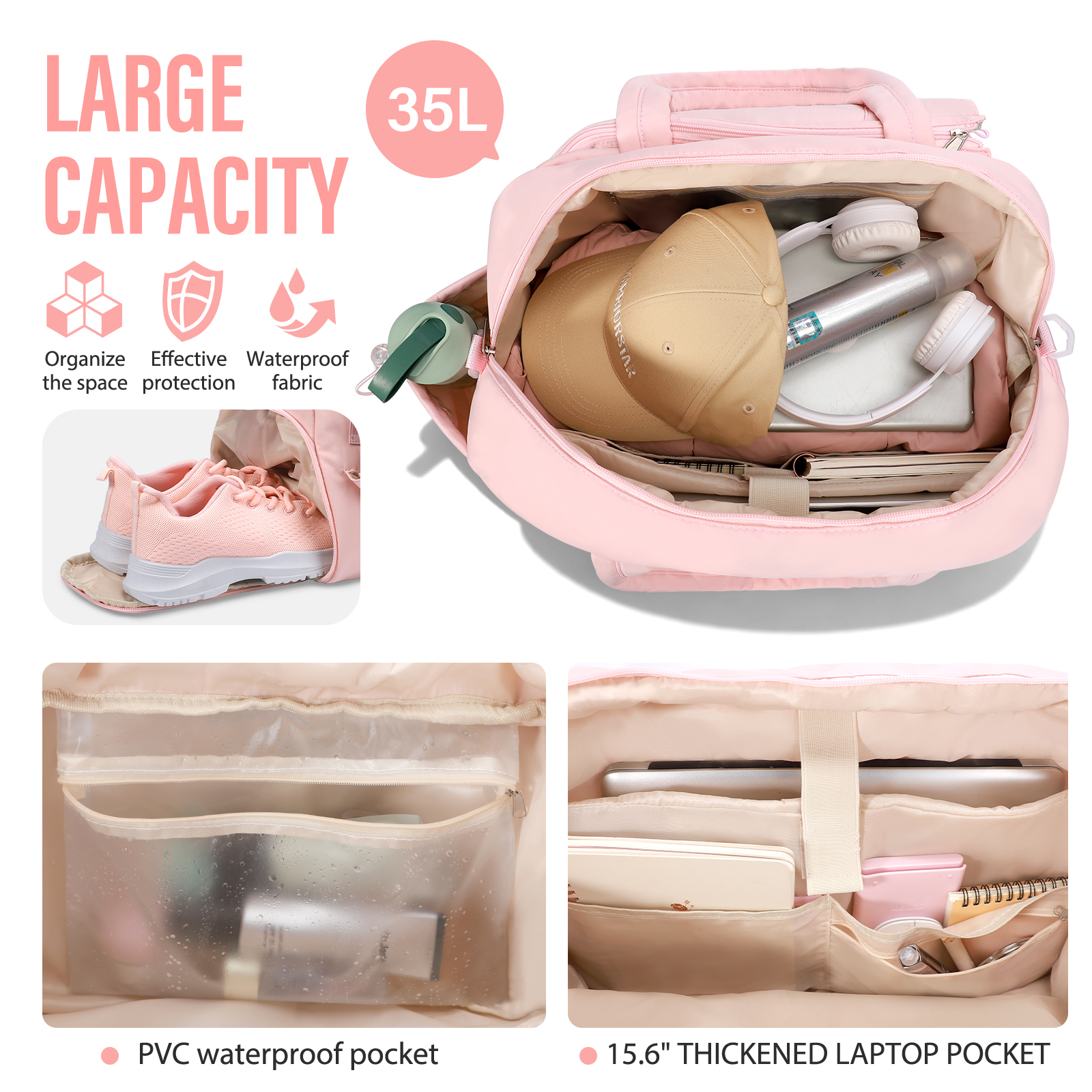Gocvo Womens Tennis Bag with Shoe Compartment, Versatile Lightweight Tennis Racket Bag, Sports Bag for Tennis Pickleball Badminton (Pink)