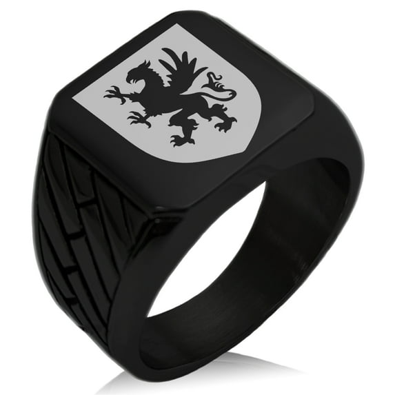 Stainless Steel Griffin Valor Coat of Arms Shield Geometric Pattern Biker Style Polished Ring