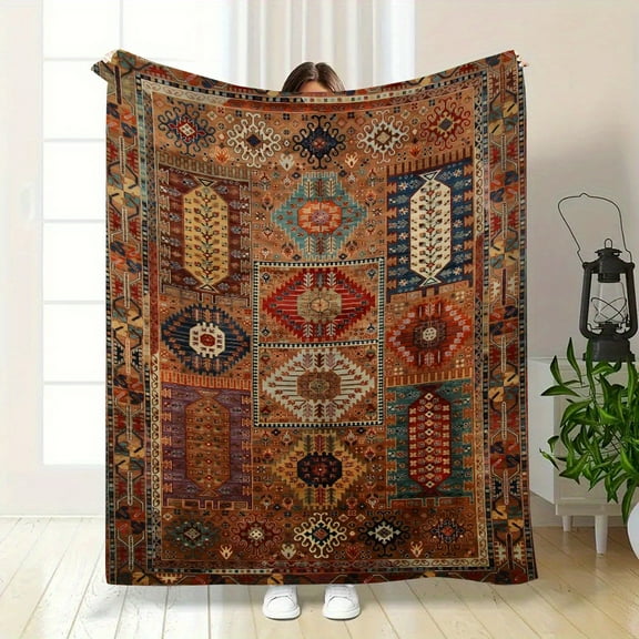 Bohemian Printed Pattern Blanket,  Soft And Warm Vintage Polyester, Yellow, Machine Washable, Perfect for Sofa, Bed, Travel, Camping, Office Decoration, Ideal Gift for Boyfriend/Girlf