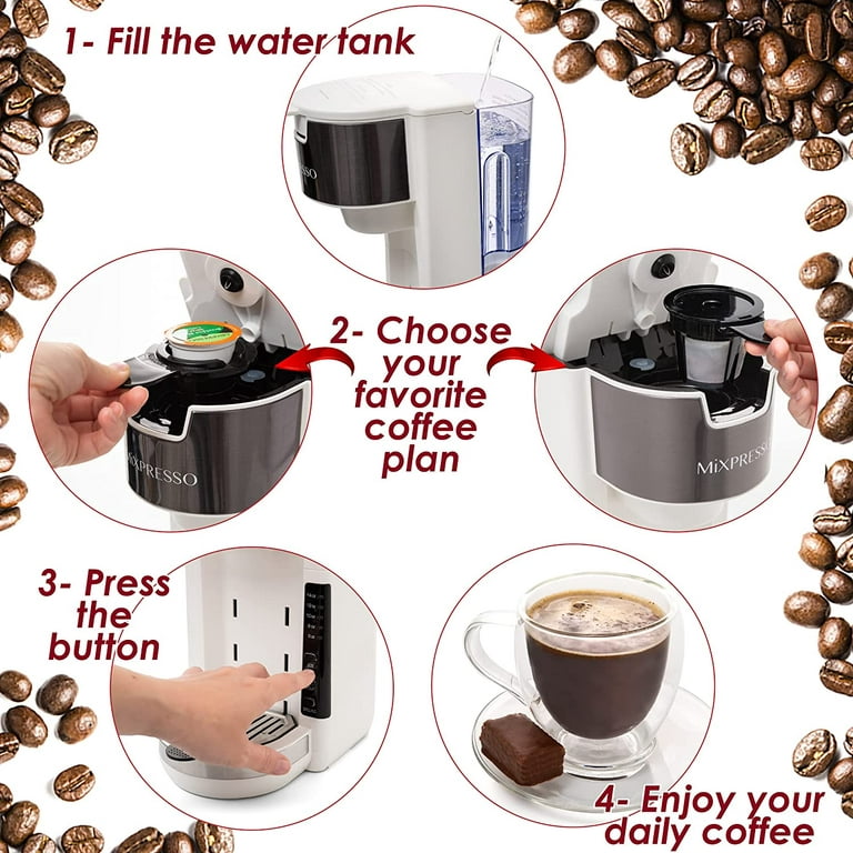  Mixpresso Single Cup Coffee Maker, Personal Single Serve Coffee  Machine, Compatible with KCup, Quick Brew Technology, Programmable  Features, One Touch Function Grey Coffee Maker: Home & Kitchen