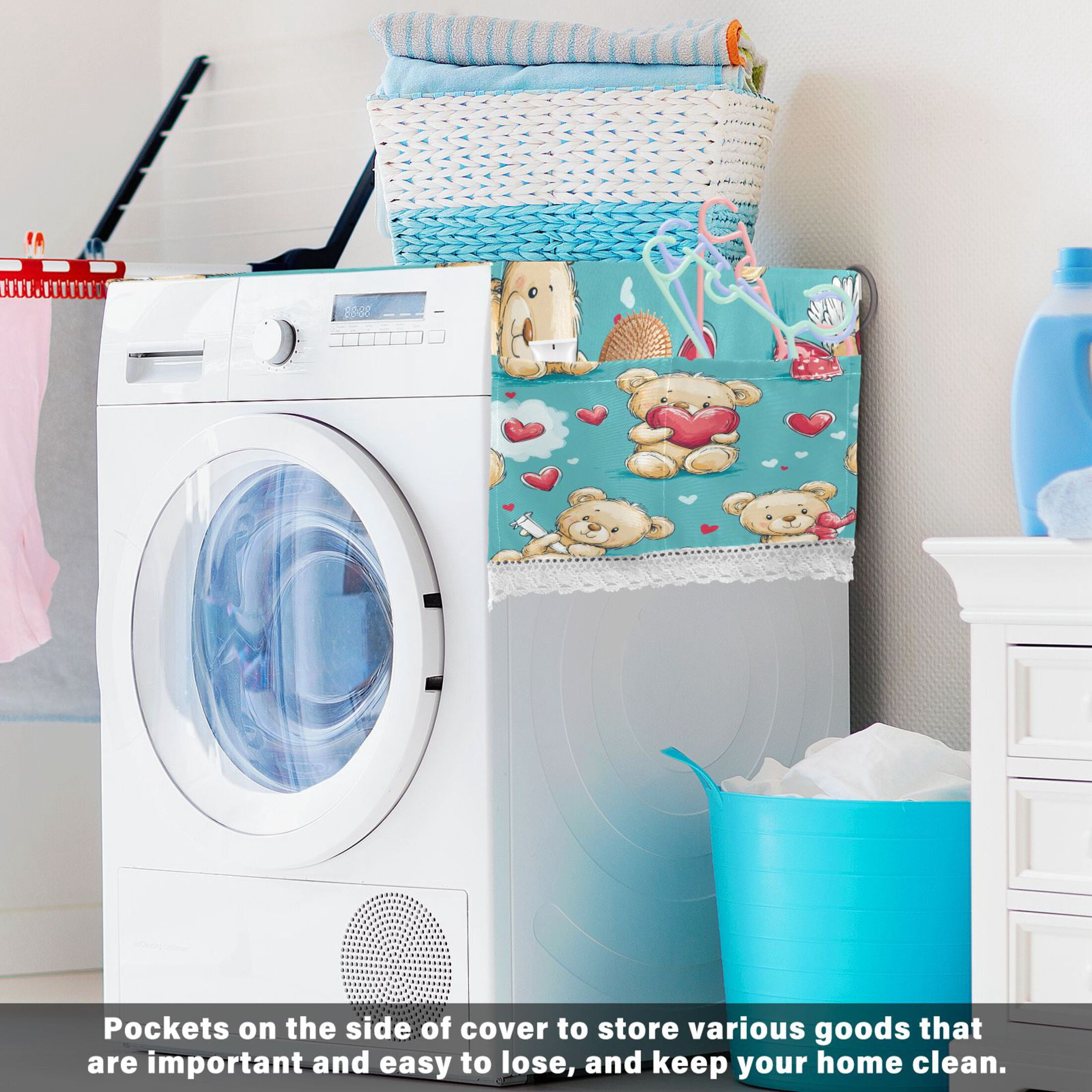 WOBOGO Adorable Teddy Bears Heart Pattern Washing Machine Cloth Dryer Refrigerator Top Cover Protective Non-Slip Mat For Kitchen Laundry