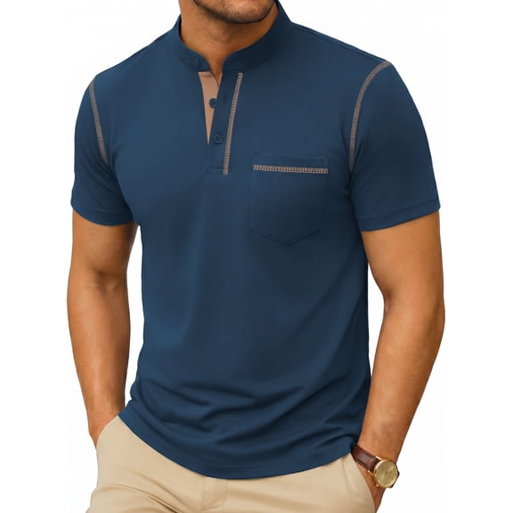 RICHCOIN Henley Men Shirts Short Sleeve T Shirts for Men Summer Tops Classic Pocket Button Casual Color Block Blue Tees Size L